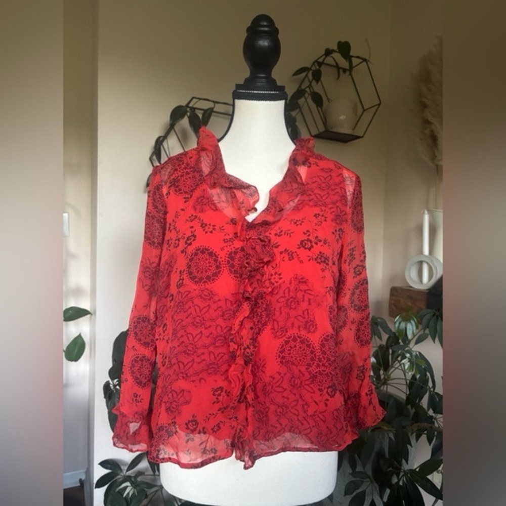Y2K Red Silk Ruffle Blouse by New York City Design Co - Picture 2 of 7